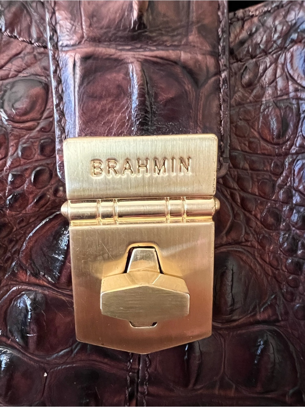 Brahmin Elisa Satchel Bordeaux Melbourne Embossed Croc Leather Bag Brown Gold - Picture 2 of 9